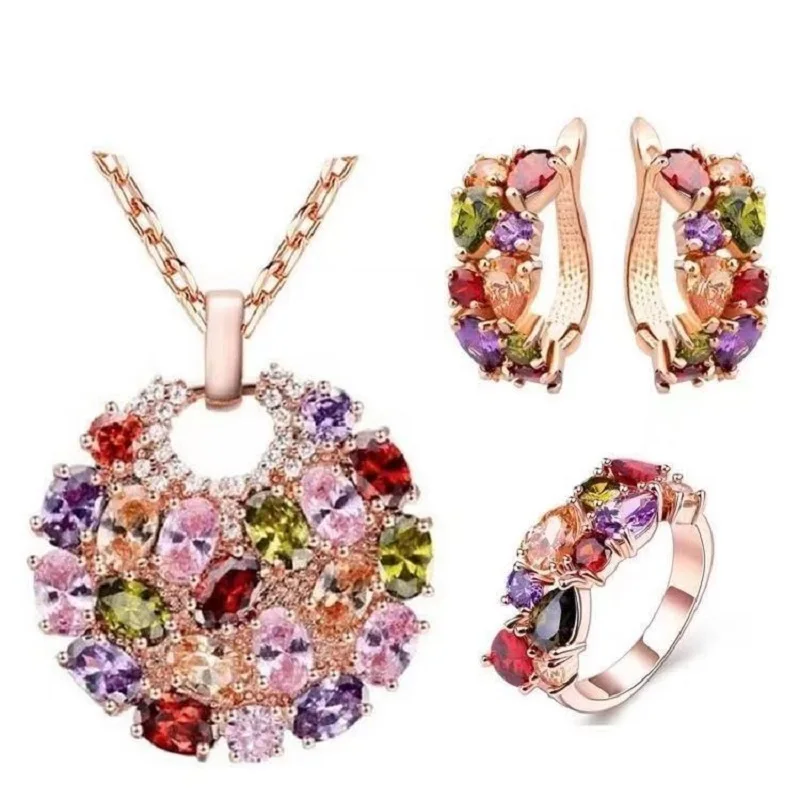 GMGYQ Hot Sale Rose Gold Color Multi Cubic Zirconia Charming  Jewelry Sets For Elegant Women or Girls Beautiful Gift