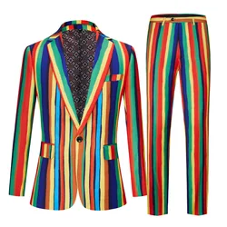 Fashion Men‘s Business Colorful Stripes Rainbow Formal Suit Trousers / Male Slim Stage Party 2 Pcs Blazers Sets Jacket Pants