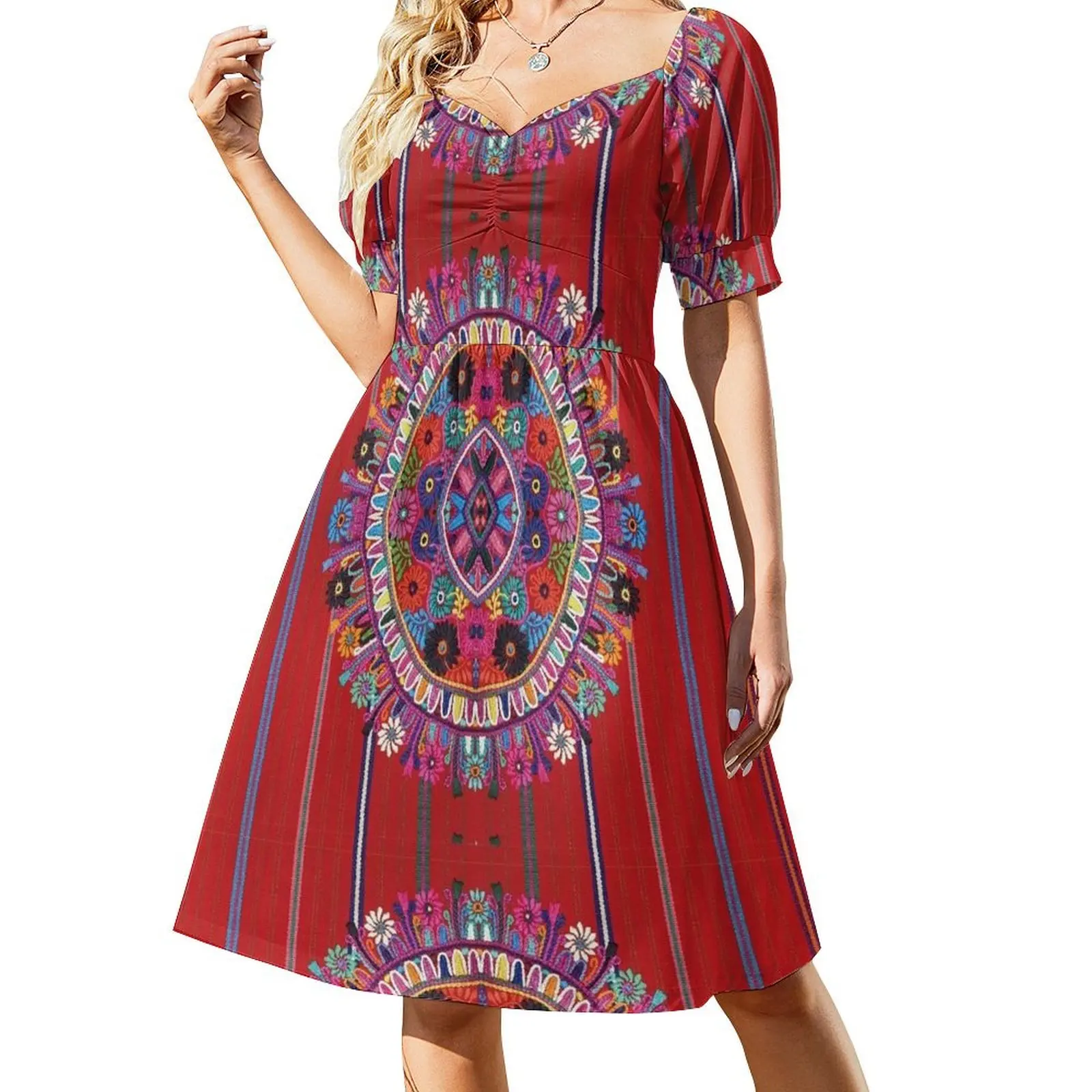 Flower Circles Mayan Design Short Sleeved Dress Beachwear womans clothing Dress