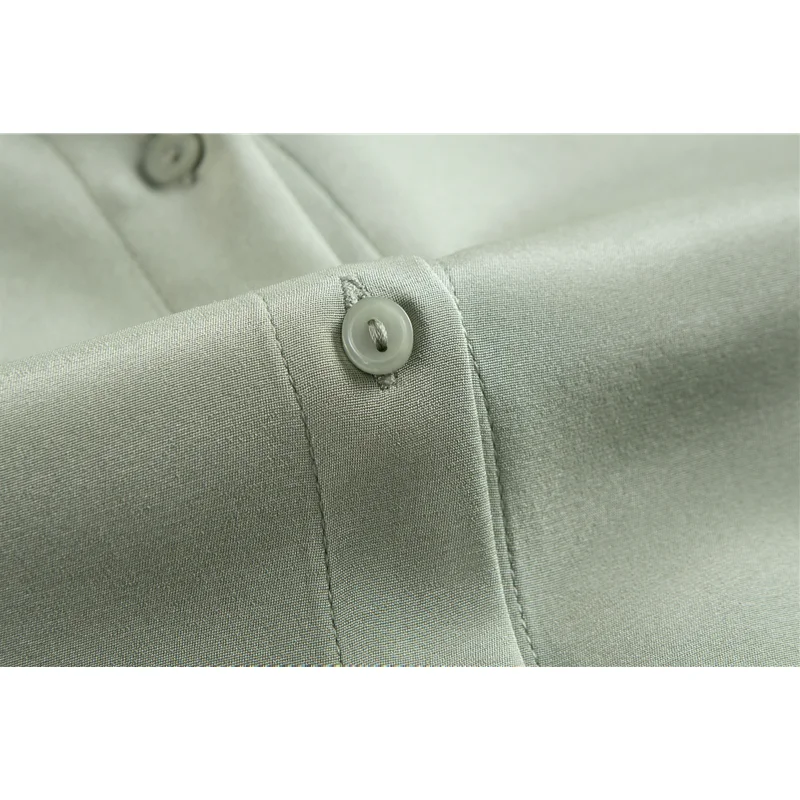 26MM 93% Natural Mulberry Silk Elastic Crepe De Chine Turn-down Collar Grey Green Versatile Long Sleeve Women's Fashion Shirt