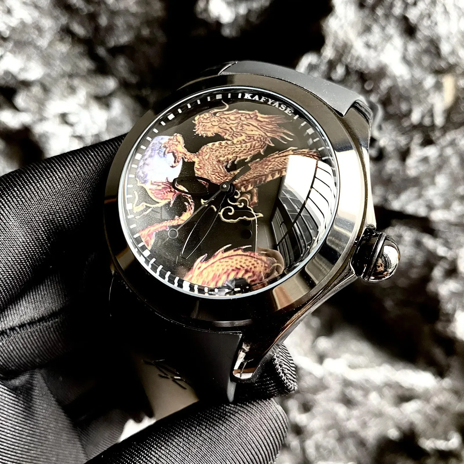 KAFYASE Men Automatic Watch 46mm Luxury Mechanical Wristwatch Bubble Mineral Mirror Rubber Strap Fashion Dial