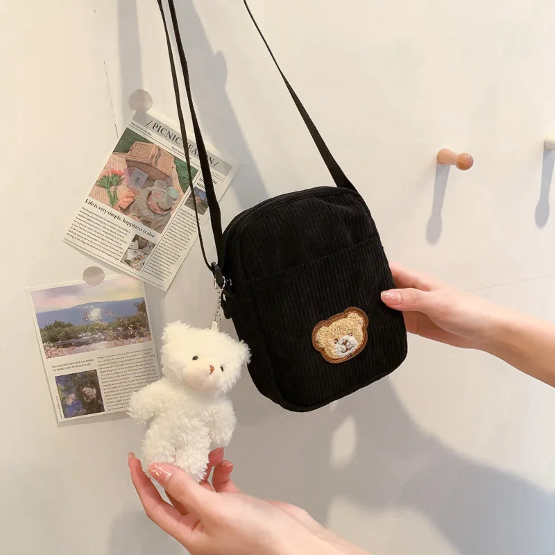 2026 New Women's Corduroy Bear Crossbody Bag, Cute Teddy Print Shoulder Bag