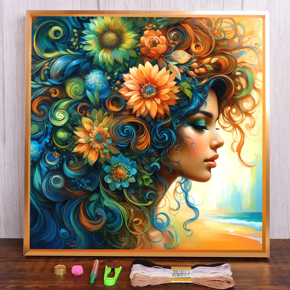

Portrait Girl Flower Printed Cross Stitch Patterns Embroidery DMC Threads Painting Sewing Handmade Hobby Room Decor Magic Mulina