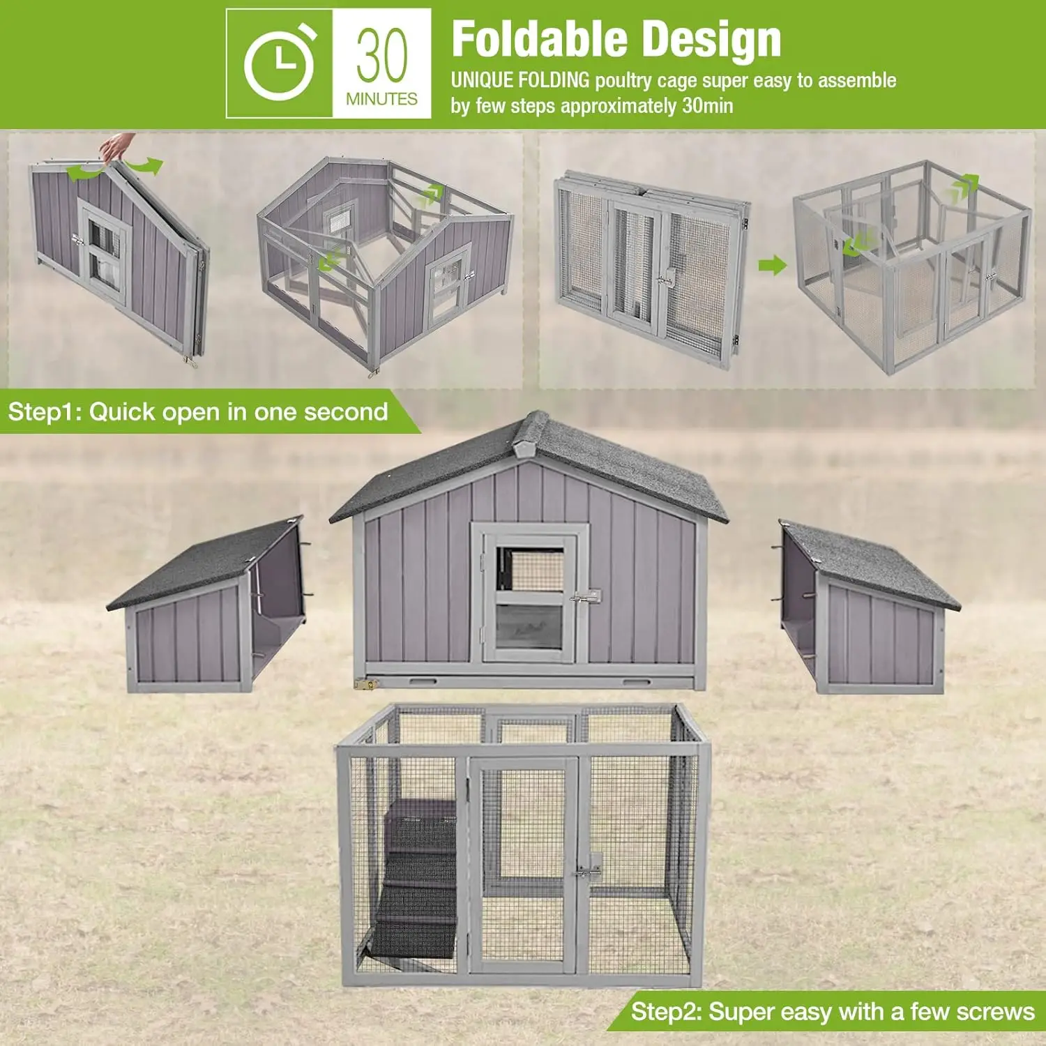 Chicken Coop Foldable Hen House Large Poultry Cage with Nesting Box and Run for 4-6 Chickens 26ft²-Super Easy to Assemble