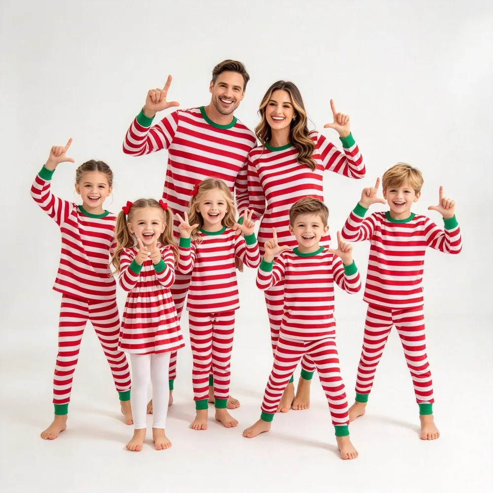 Family Christmas Pajamas Sets Pijama Navidad Familiar Red White Striped Homewear Couples Clothing Sets Xmas Matching Outfits