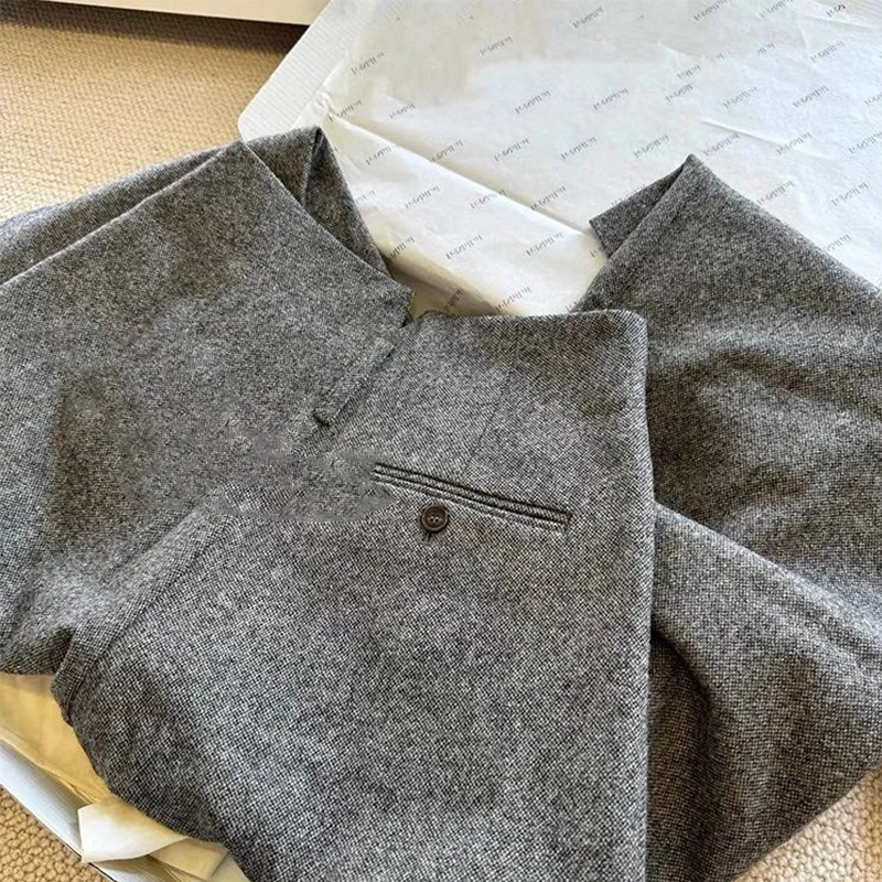 Elegant High-End Woolen Women's Pants Unique Stylish Warm Winter Trousers Asymmetrical Knife-Shape Design Casual High Waist