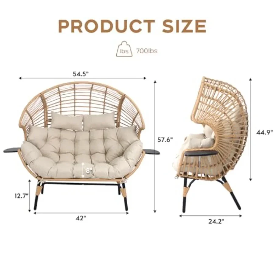Oversized Double Egg Chair with Cup Holder for Outdoor and Indoor Use, Woven Resin Fiber, Beige, Weather-Resistant and Ergonomi