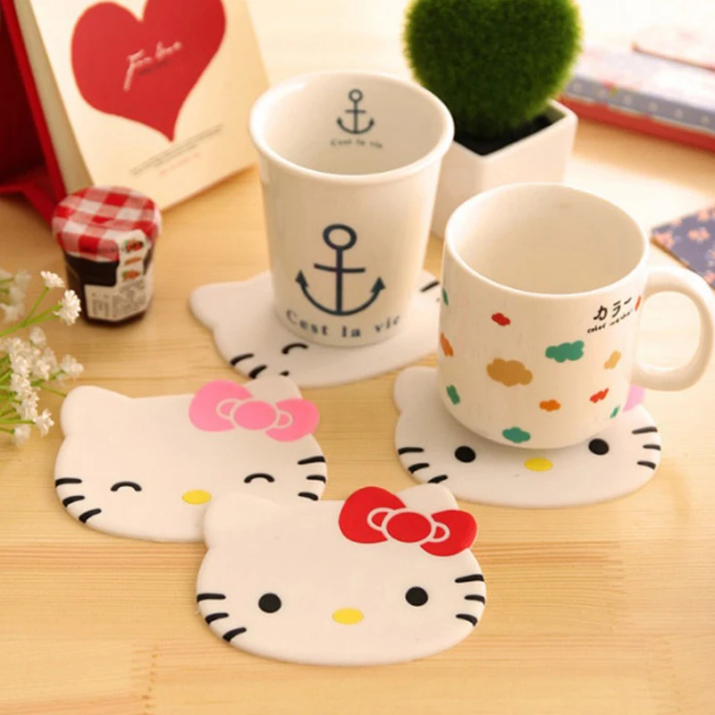 Kawaii Hello Kittys Creative Cup Mat Cartoon PVC Soft Adhesive Office Coffee Anti Slip Mat Home Dining Table Heat Insulation Pad