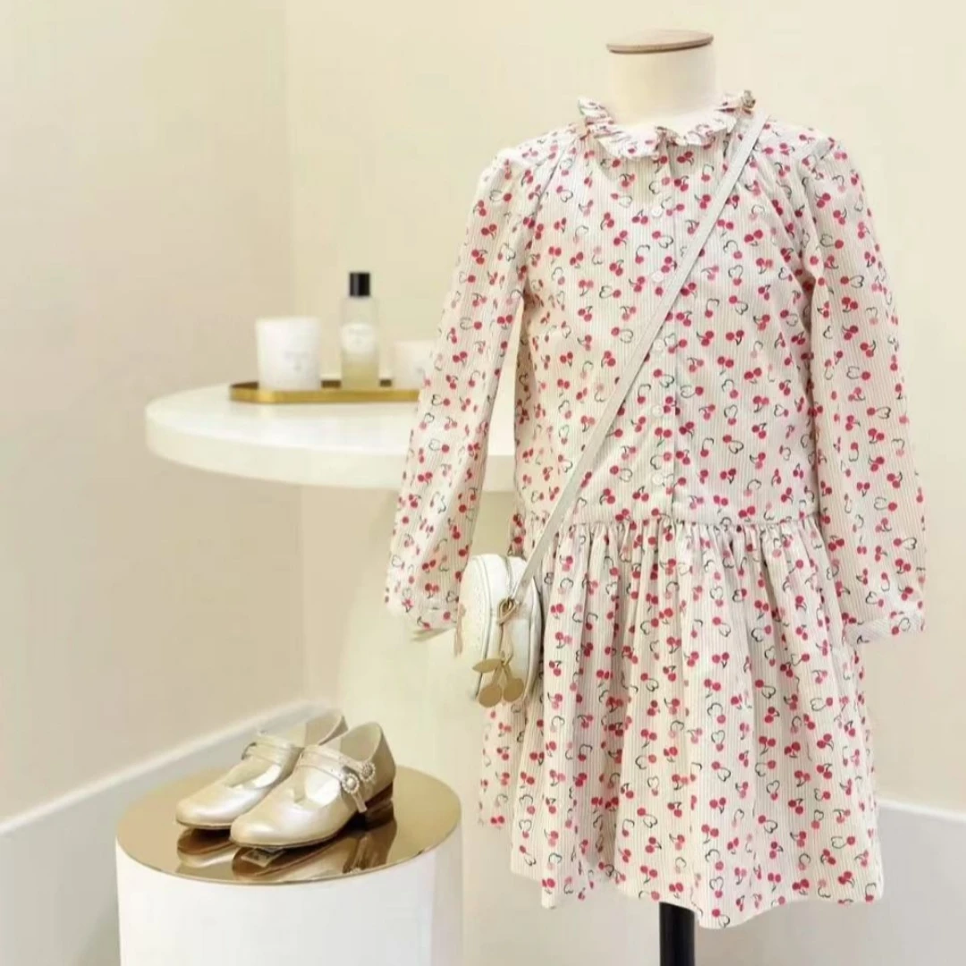 

Новая коллекция 2026: Весенне-летние корейские детские платья для девочек с вишневым принтом, нарядные платья принцессы с длинным рукавом для малышек, праздничные юбки-костюмы