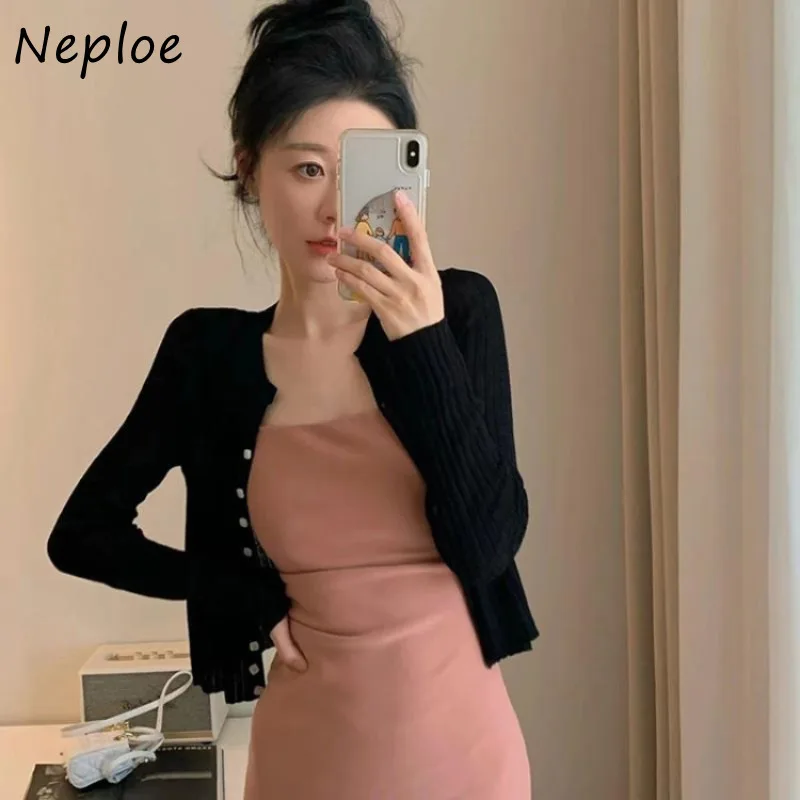 Neploe Summer Black Ice Silk Sun Protection Coat Long Sleeve Thin Tops Women V-neck Single Breasted Slim Fit Knitted Cardigan