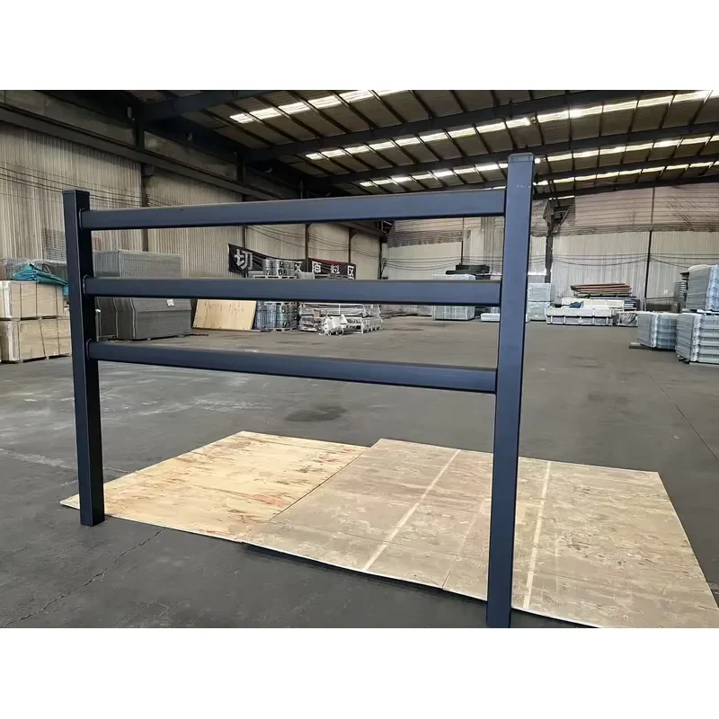 Factory Custom 3 Rail Carbon Steel Ranch Fence Black Powder Coated Horse Cattle Sheep Farm Boundary Fence With Posts