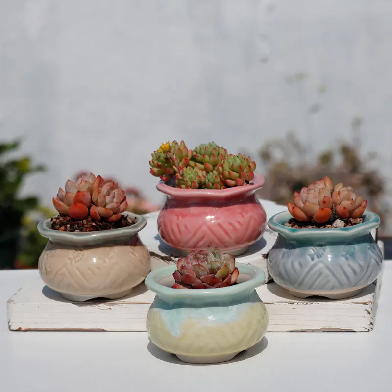 Lace Ice Cracked Succulent Plant Flowerpot Ceramic,Creative Desktop Decoration Breathable Simple Waist FreshColor Red Plant Pots