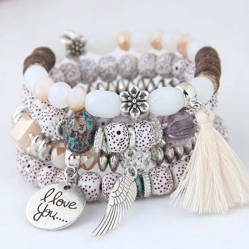 Bohemian Beads Charm Bracelets & Bangles for Women Fashion Love Feather Tassel Bracelet Multilayer Bracelet Femme 2024New