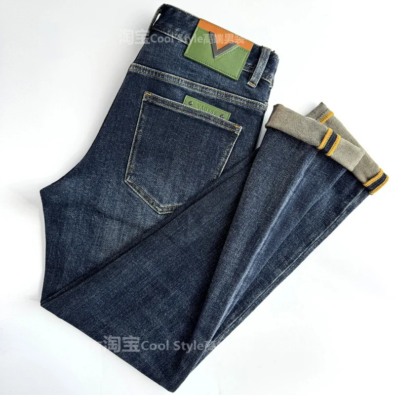 

High end stretch jeans for men, slim fit and small feet, 2025 autumn trend, retro vintage, vintage blue luxury long pants