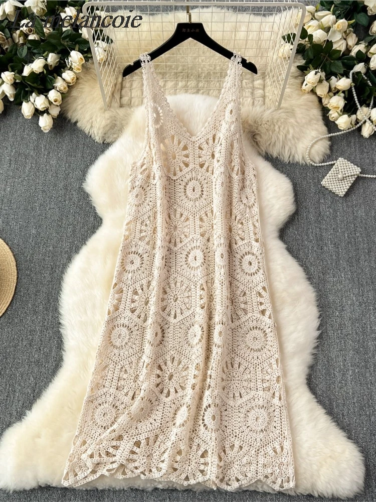 Retro Hook Flower Hollow Knitted Strap Dress For Women Sleeveless Sheer Longline Dresses Summer 2024 Beach Vacation Long Dress