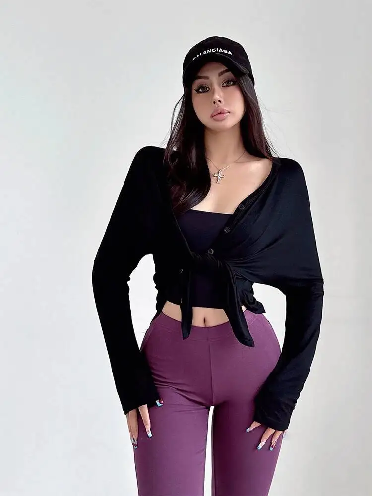Autumn Spicy Girl V-neck Single Breasted Long Sleeve Cardigan Women Curved Cinching Waist Casual Versatile Top tees t shirt SKAY