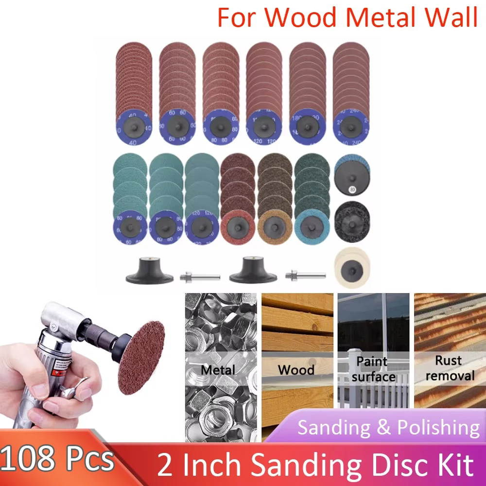 

108 шт. 2-дюймовый набор шлифовальных дисков с хвостовиком 1/4 дюйма для шлифовальной машины, полоска для подготовки поверхности, шлифовка, полировка заусенцев, ржавчина, краска