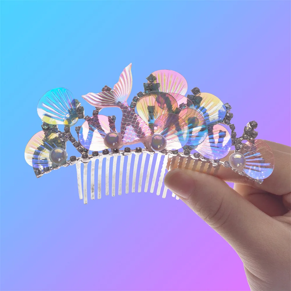 Girls Princess Mermaid Rhinestone Comb Crown Tuck Comb Snow Headwear Hair Fork Marine Style Hair Accessories For Girl