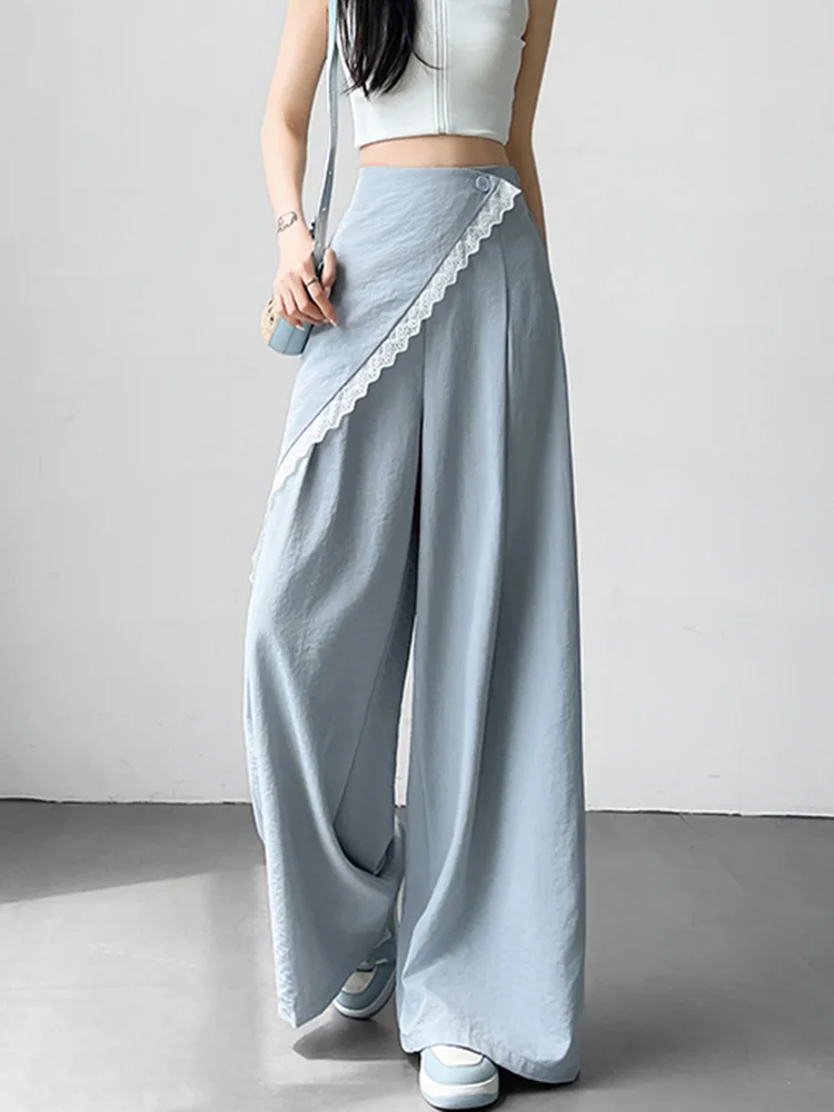 Jmprs بدلة حلوة غير رسمية واسعة الساق بانت المرأة تصميم الأزياء عالية الخصر الحرير الجليد بنطلون الصيف الكورية أنيقة الإناث شيك السراويل