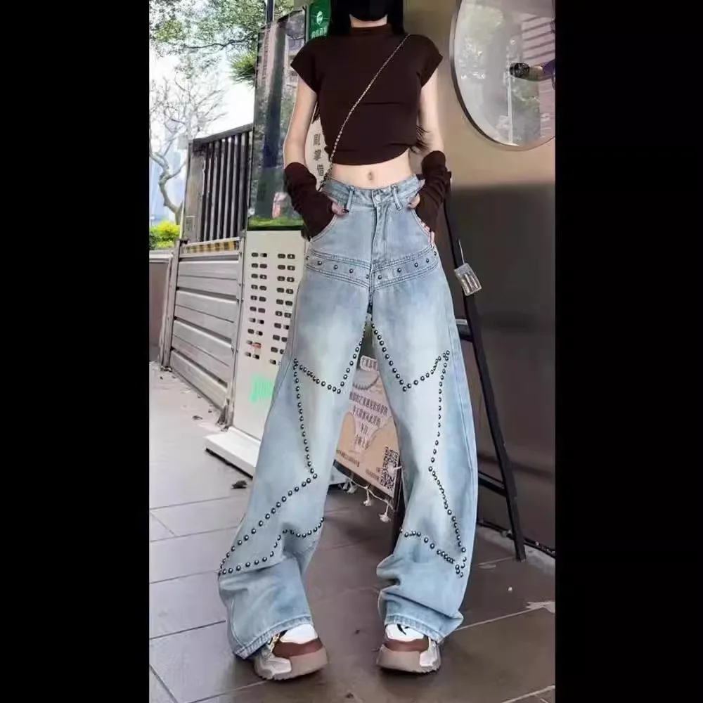 American Retro High Street Vibe Star Studded Jeans For Women, New Spring/Summer Design, Straight-Leg Floor-Length Pants, Trendy