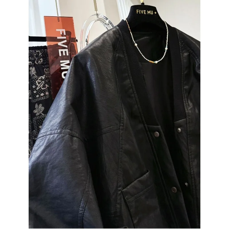 Premium Sense Huge Good-looking Lazy Style Loose Casual V-neck Pu Leather Jacket Women's Spring Autumn Bat Sleeve Leather Jacket
