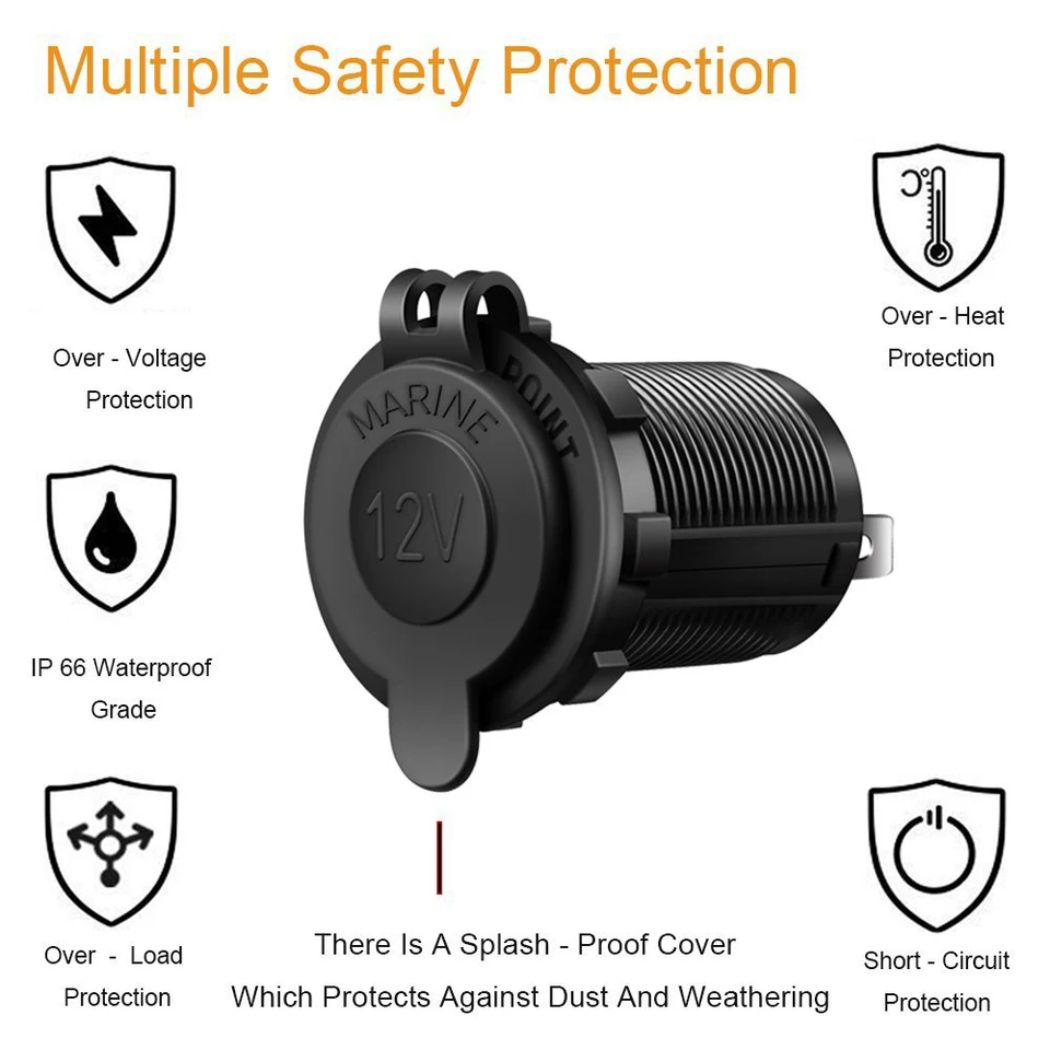 Car Cigarette Lighter Socket 12V-24V Waterproof Plug Power Outlet Adapter  for Marine Boat Motorcycle Truck RV ATV with Wire D5