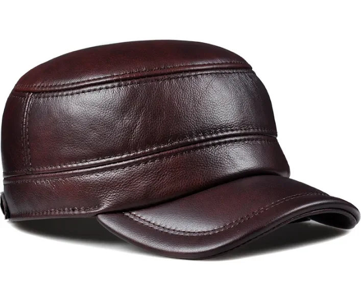 Winter Genuine Leather Cap Men's Flat Caps Military Hat Elegant Man Baseball Cap British Vintage Cowhide Ear Warm Hat