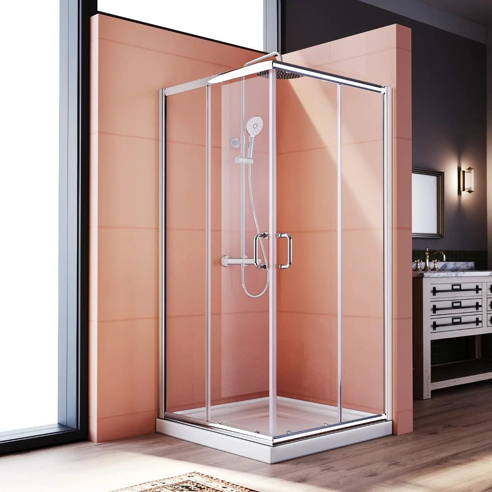 

Corner Showers Door 34 in.D X 34 in. W X 72 in. H, Enclosure with Shower Base, with 1/4" Tempered Glass Shower Doors