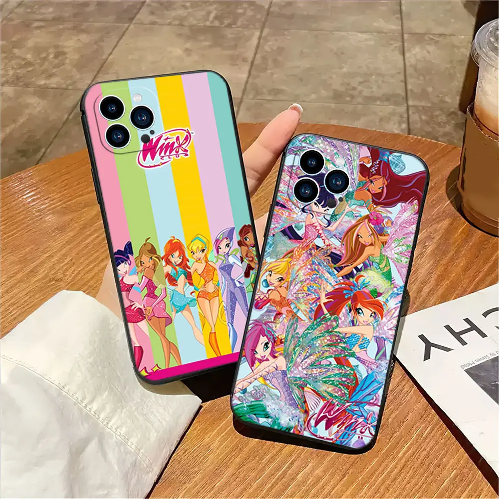 

Cartoon W-Winx Clubs Phone Case for iPhone 12 11 13 14 15 16 Max Pro Plus Black Soft Silicone Cover