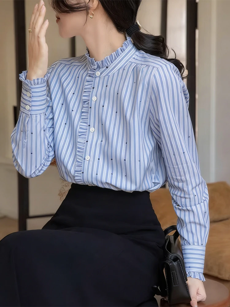 

Spring 2026 Blue Striped Long Sleeve Women's Shirt Commute Style Slimming Wooden Design Breathable Comfortable Casual Shirt