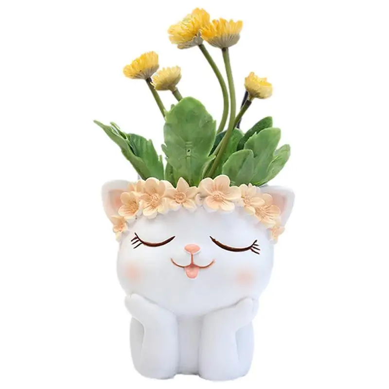 Cat Shape Flower Pots Decoration Unique Animal Succulent Vessel Bonsai Resin Pot For Plants Stationery Holding Desk Ornaments