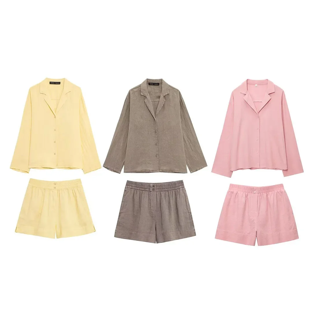

Elastic Waist Midi A-line Skirt Summer Suit Woman Fashion Spring Summer Linen Long Sleved V-neck Casual Shirt Sets