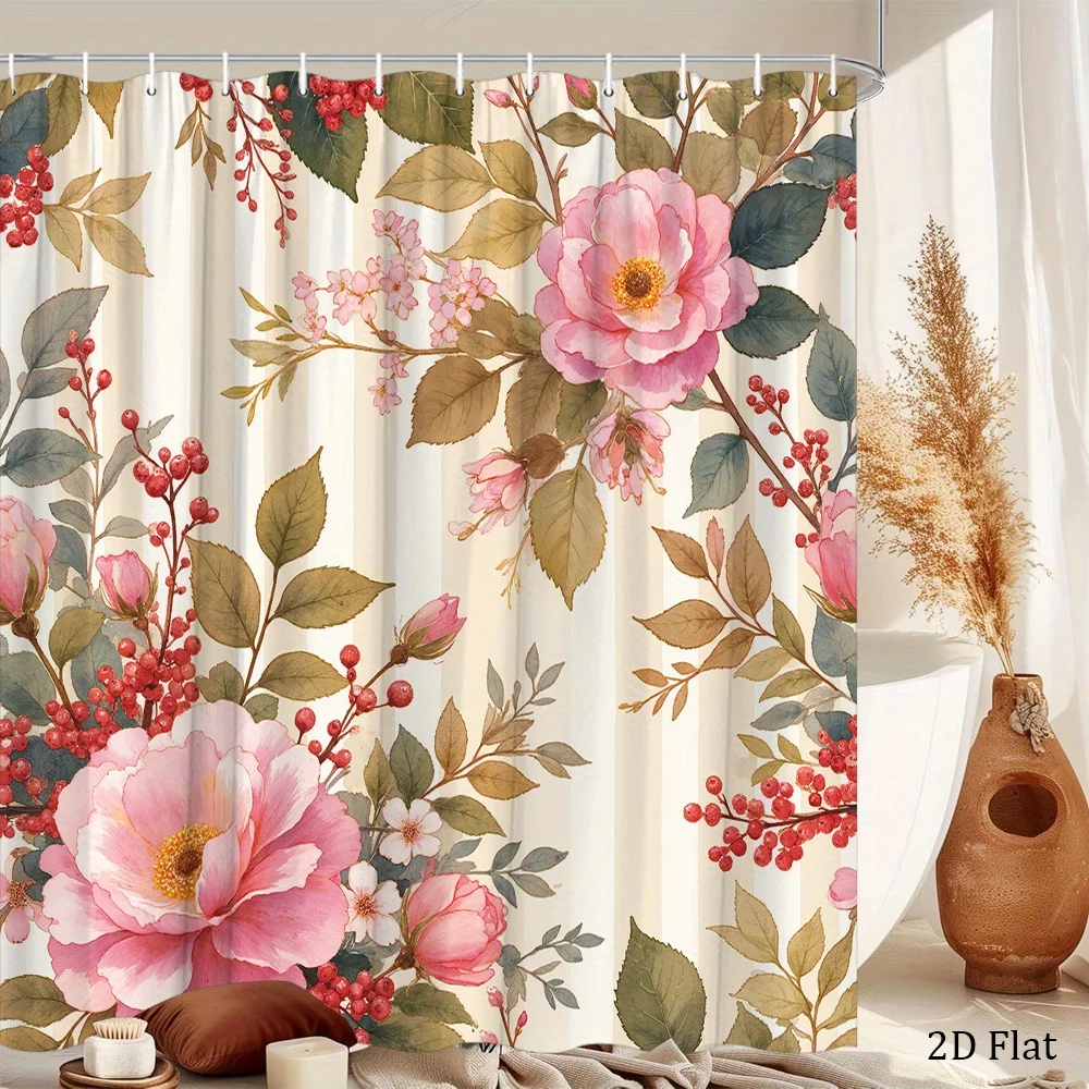 

Elegant Floral Rose Botanical Shower Curtain Pink Garden Bathroom Decor Waterproof Curtain Liner 180x200cm
