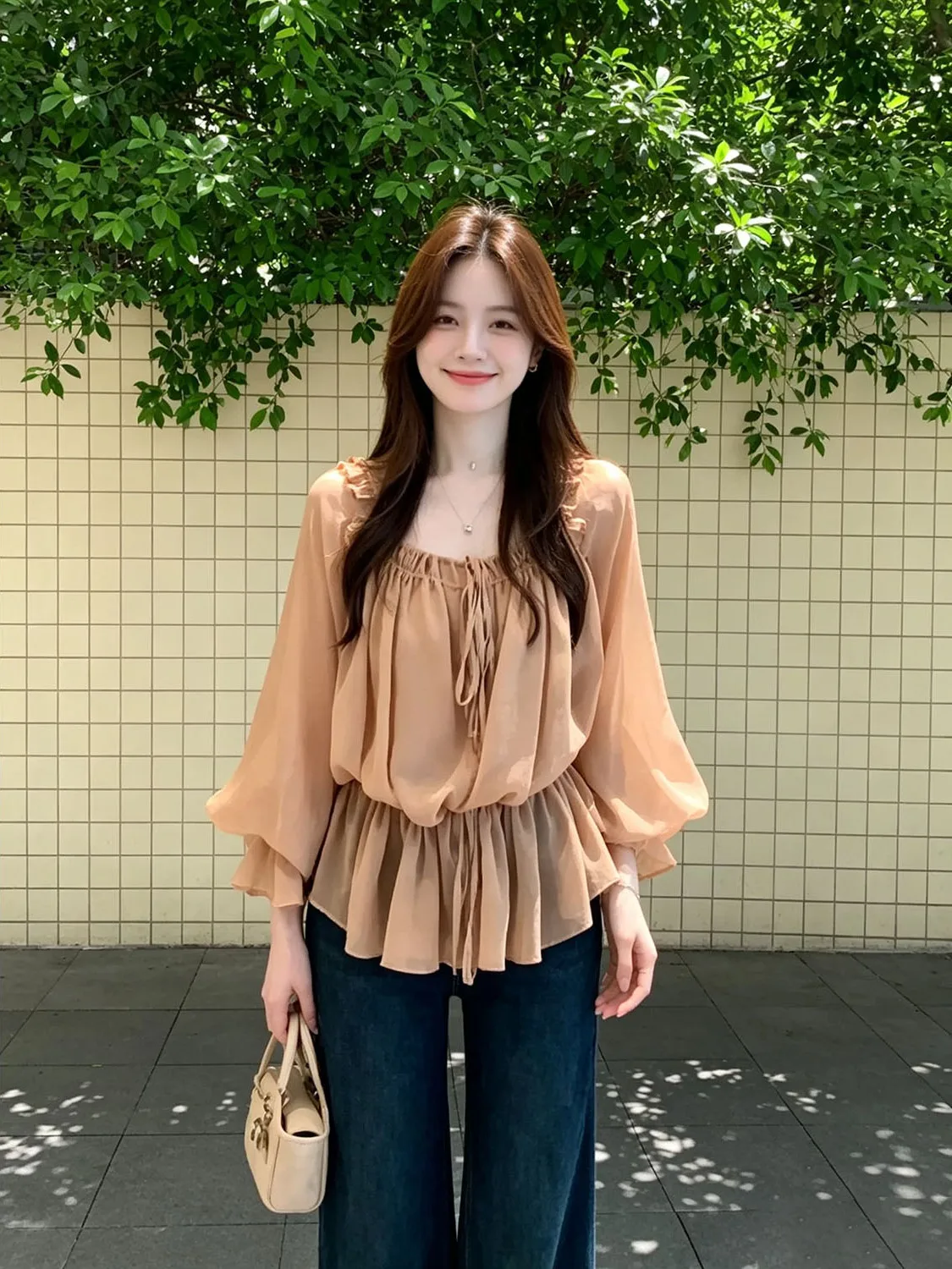 Loose Lantern Sleeve French Style Women's Top Korean Loose Fit Bell Bottom Shirt Autumn Season Square Collar Gathered Skirt