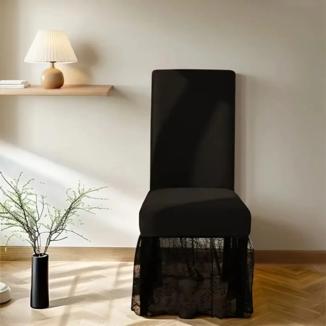 Milk-Silk Fabric Dining Chair Cover, Skirted Design, Lace Trim Seat Covers Non-Slip Universal Fit Chair, Protectors Dining Chair