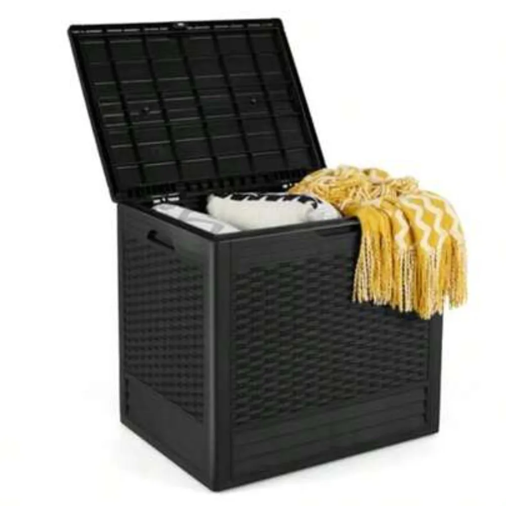 All-Weather Outdoor Storage Box with Rattan Pattern PP Deck Container, Lockable Lid, Patio Plastic Storage Bin for Package Delivery, Garden Tools, Patio Cushions, Waterproof Weatherproof Large Capacity Backyard Furniture