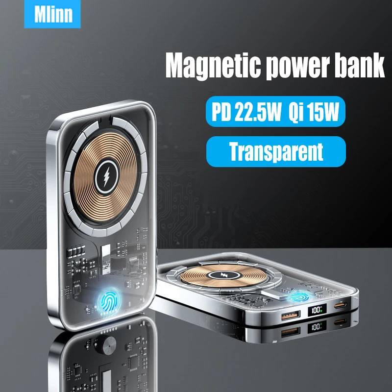 

10000mAh MacSafe Magnetic Wireless Power Bank PD20W Fast Charge Transparent External Spare Battery for iPhone 14 13 12 Pro Max