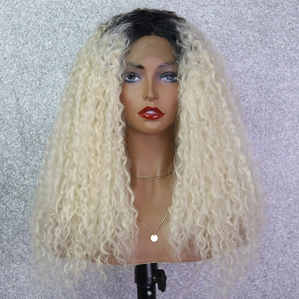 

180% Ombre Blonde Colored Synthetic 13x4 Kinky Curly Lace Front Wig Glueless Heat Resistant Cosplay For Black Women Pre Plucked