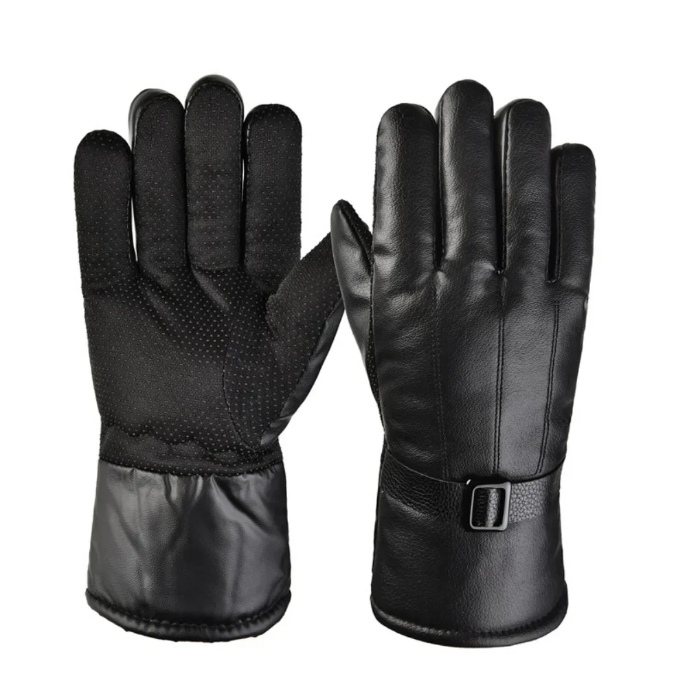 Winter Thickened Fleece Lined PU Leather Gloves Men Warm Cold Wind Resistant Anti Slip Outdoor Cycling Motorcycle Sport Mittens
