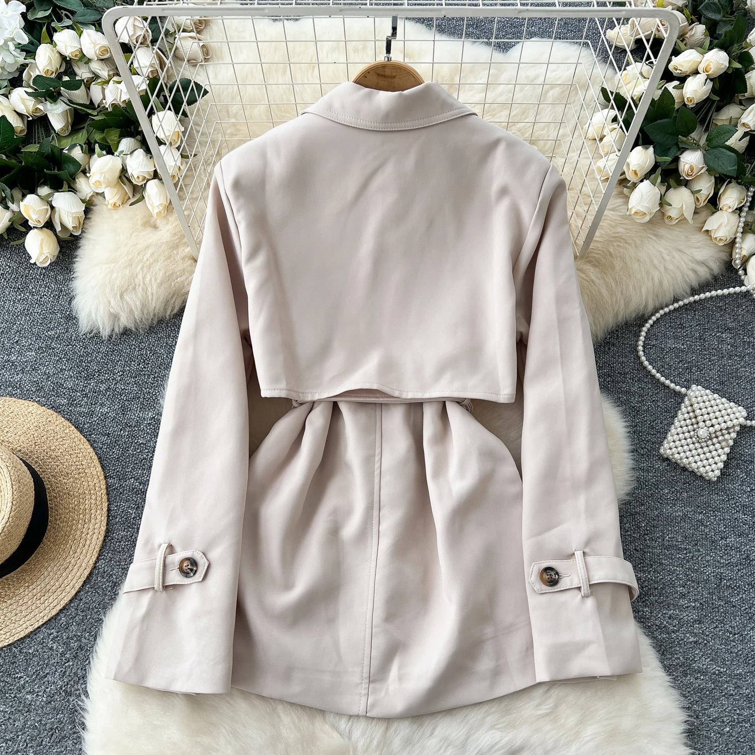 Vintage Notched Neck Chic Double Breasted Long Sleeve Slim Sashes Top Korean Fashion Women Streetwear High Street Autumn Trench