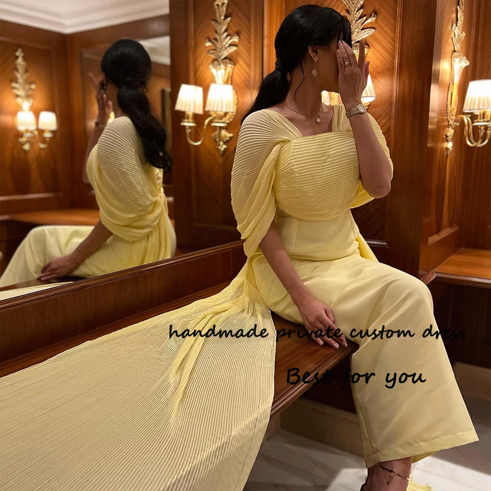 

Yellow Mermaid Evening Dresses with Cape Pleats Square Neck Arabian Dubai Formal Prom Dress Ankle Length Evening Party Gowns