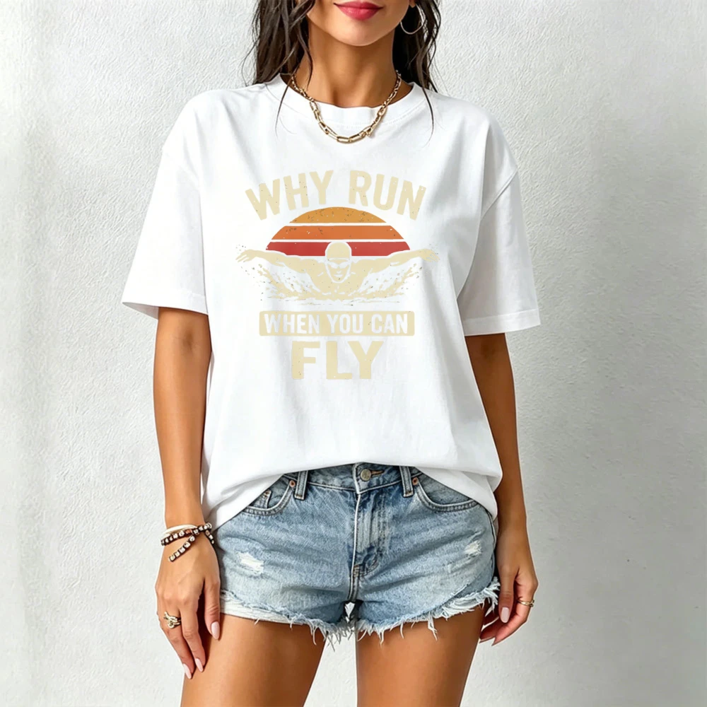 Why Run When You Can Fly Retro Sunset Butterfly Swimmer Graphic Tshirt Unisex Soft Cotton Tee Swimmer Athlete Casual Gift Tops