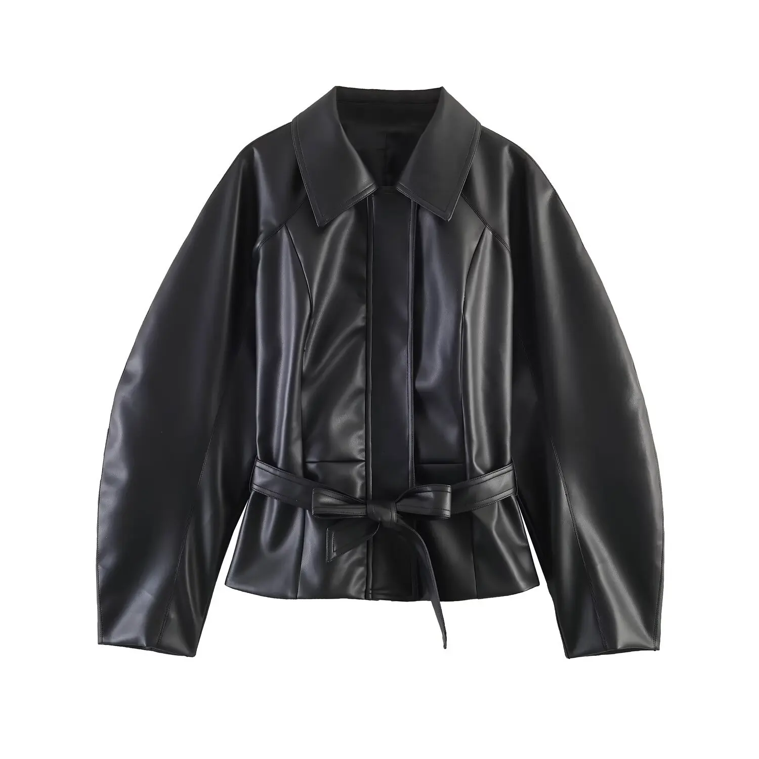 

European and American style 2026 new summer women's casual long-sleeved lapel belted profile imitation leather jacket