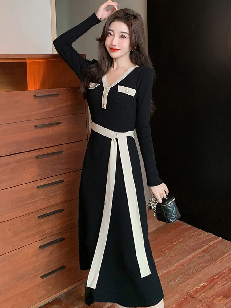 

Осень-зима, черное вязаное шикарное белое длинное платье с повязками, женское элегантное повседневное платье-свитер, 2025 корейская мода, облегающие платья