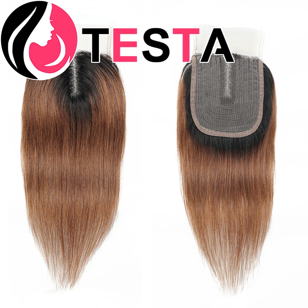 4*1 T Part Lace Closure 100% Human Hair Natural Color T1B30/27 Brazilian Straight Pure-Hand Tied Light Brown Swiss Lace Prepluck