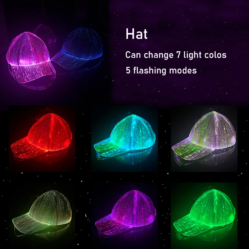 Fiber Optic 7colors Luminous LED Baseball Cap Light Up Hat Men Women Party Supplies Glow in Dark USB Charging Neon Hat Props