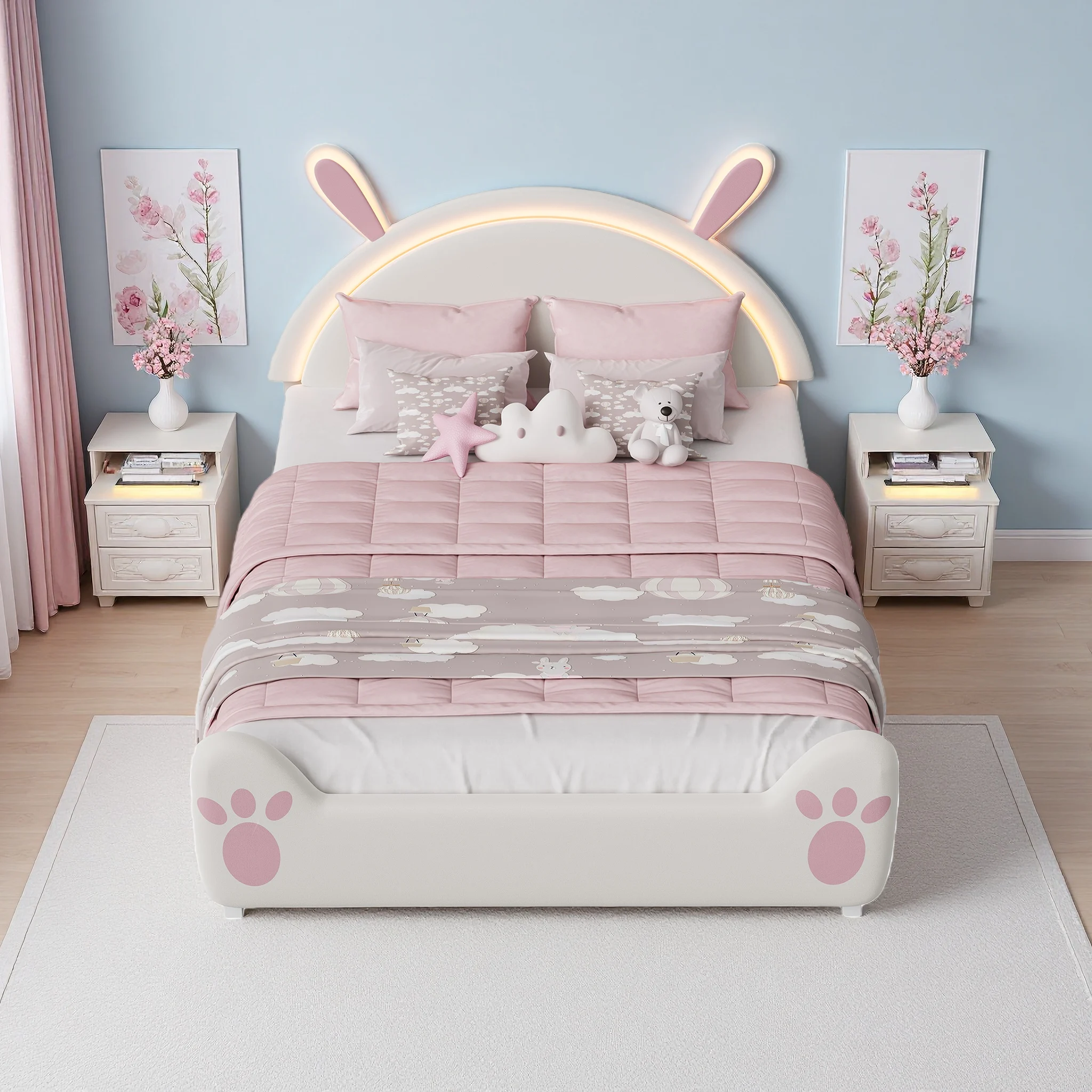 Lazyspace Gepolstertes Kinderbett, Mädchen-Doppelbett mit LED-Bettrahmen, Lattenrost und Gepolstertem Kopfteil, Ohne Matratze