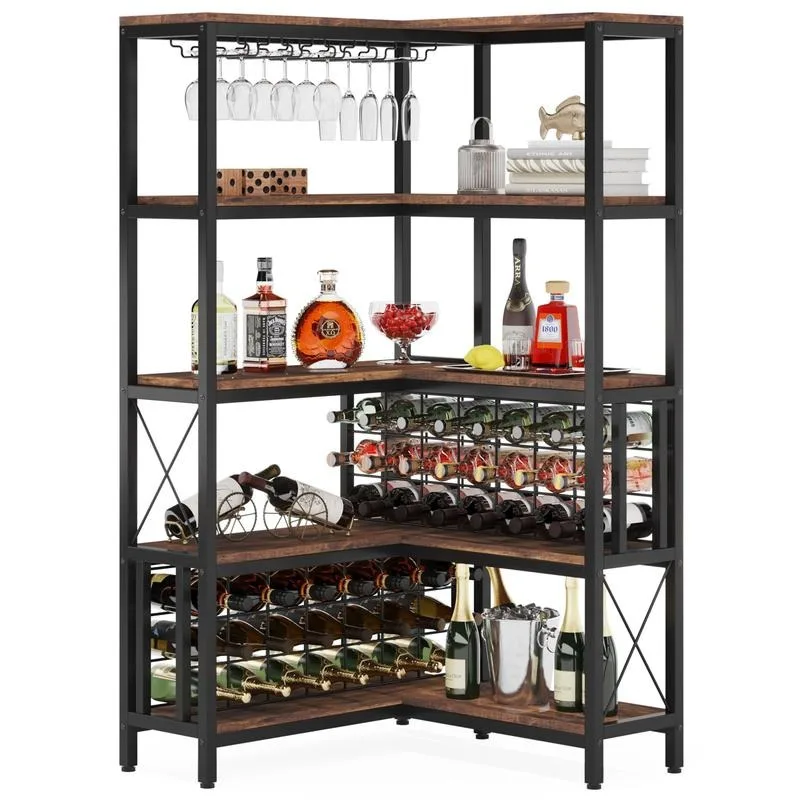 Wine Rack, Industrial Freestanding Floor Bar Cabinets for Liquor and Glasses Storage for Home Kitchen Utensils Bottles Rustic