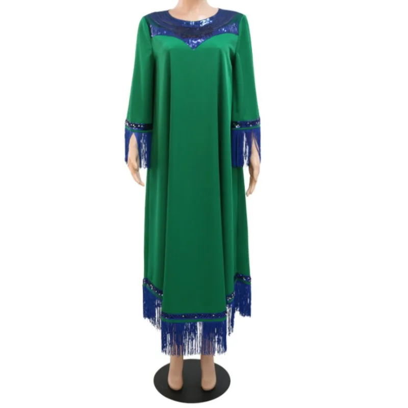 UNI Muslim Abaya Eid Ramadan Morocco Dress Women Jalabiya Sequin Tassel Kaftan Evening Dress Green Party Vestidos Fashion Abayas