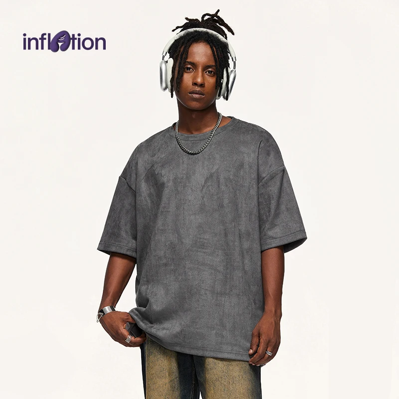

INFLATION Мужская уличная футболка с замшевой отделкой 300GSM Тяжелая футболка большого размера Американский винтаж Повседневная футболка с коротким рукавом